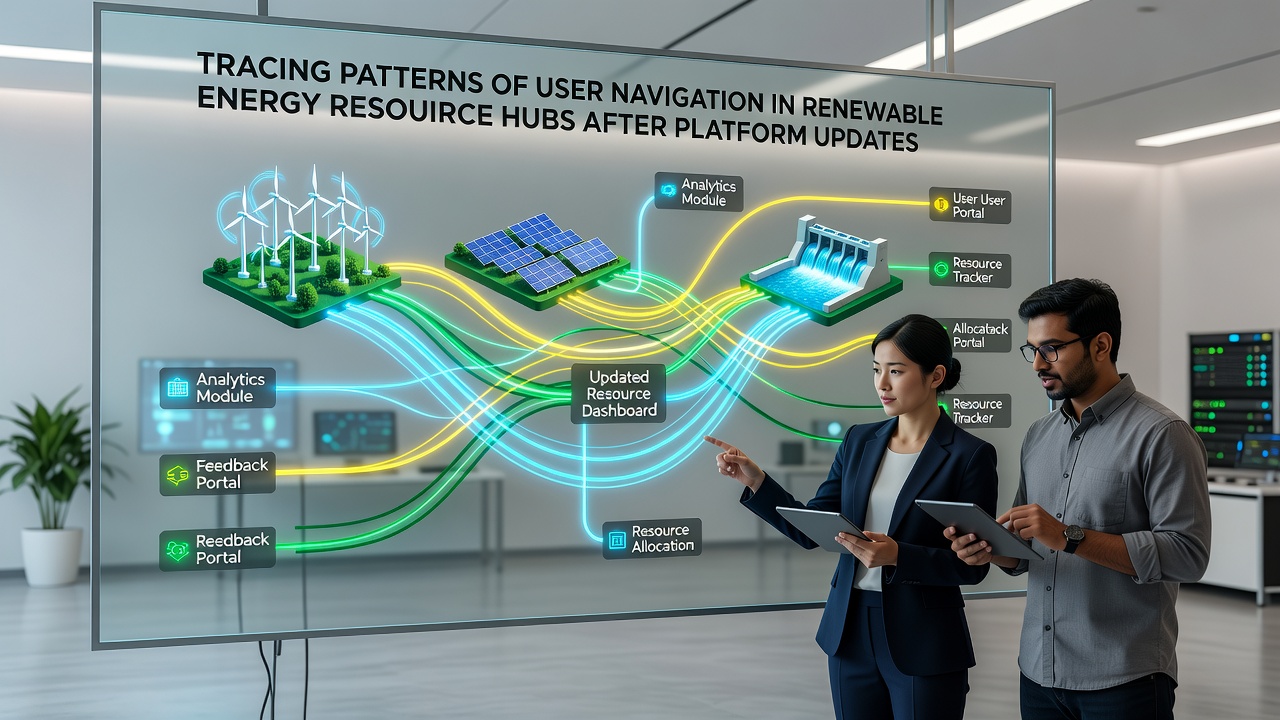 Analytics dashboard showing navigation flow diagrams within a renewable energy resource hub post-update